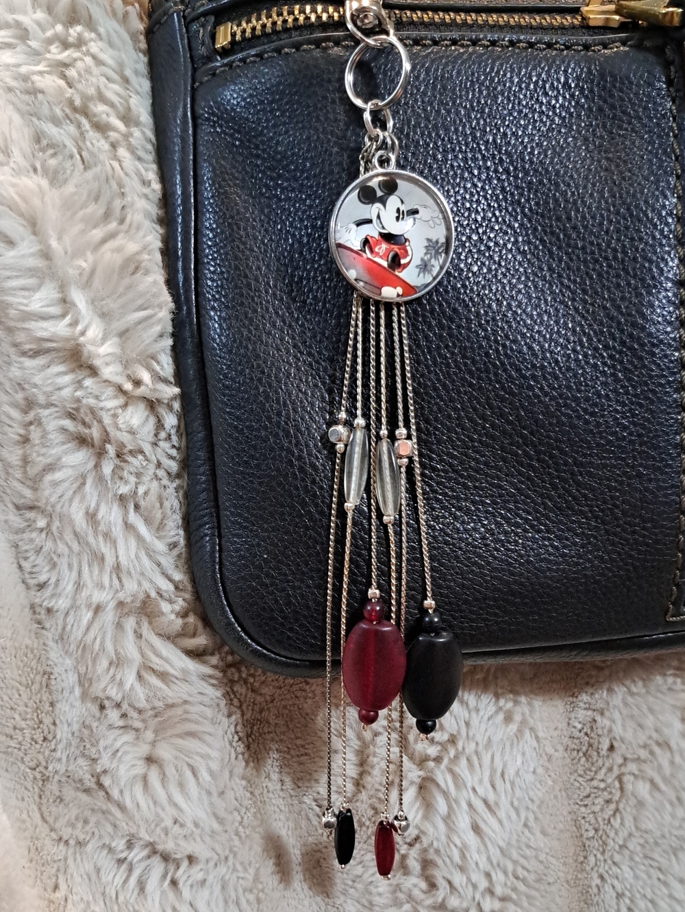 Hand Crafted Mickey Mouse Red & Black Beaded Tassel Charm - Women Jewelry